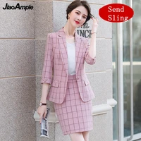 women large size 2 pcs plaid blazer set summer 2022 korean office lady graceful suit coat shorts or skirts sets work ol outfits