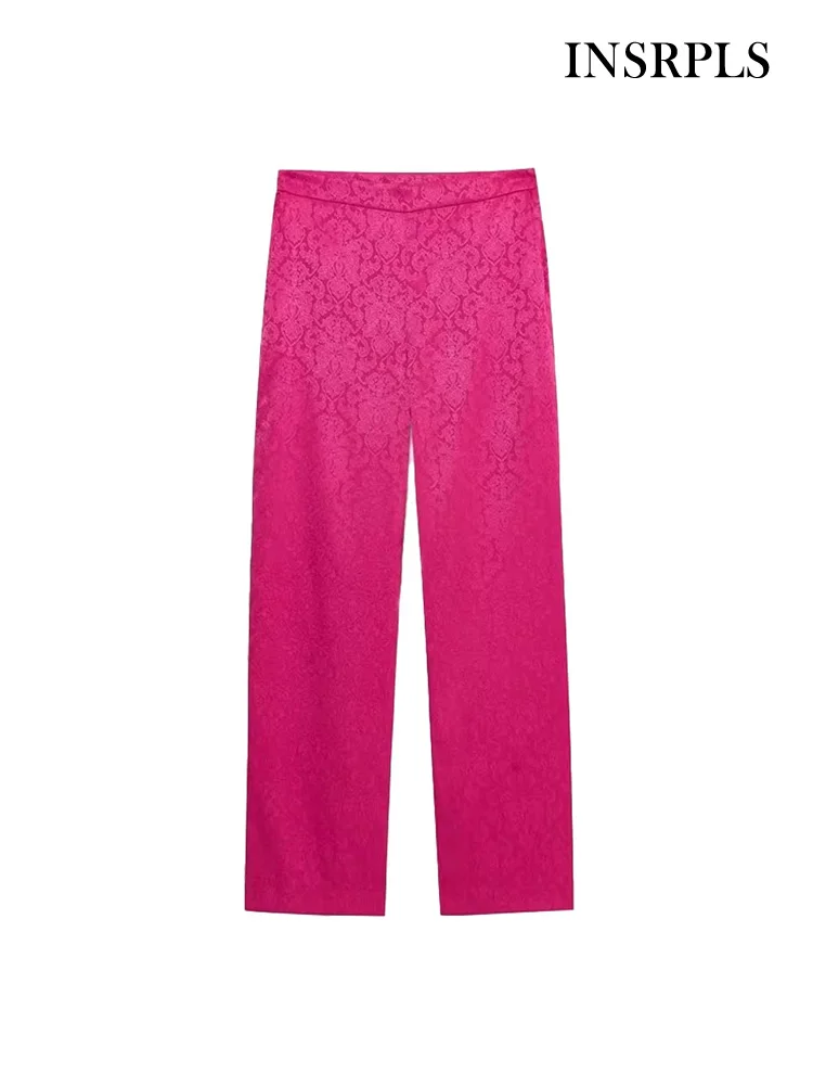 

INSRPLS Women Fashion Side Pockets Jacquard Straight Pants Vintage High Waist With Elastic Waistband Female Trousers Mujer