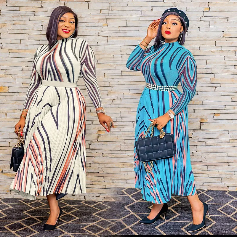 

Aniow Long Sleeve Striped Print Pleated Fold Maxi Long Dress Women Elegant Slim Sexy Dresses Vintage Vestidos OL Office Robe