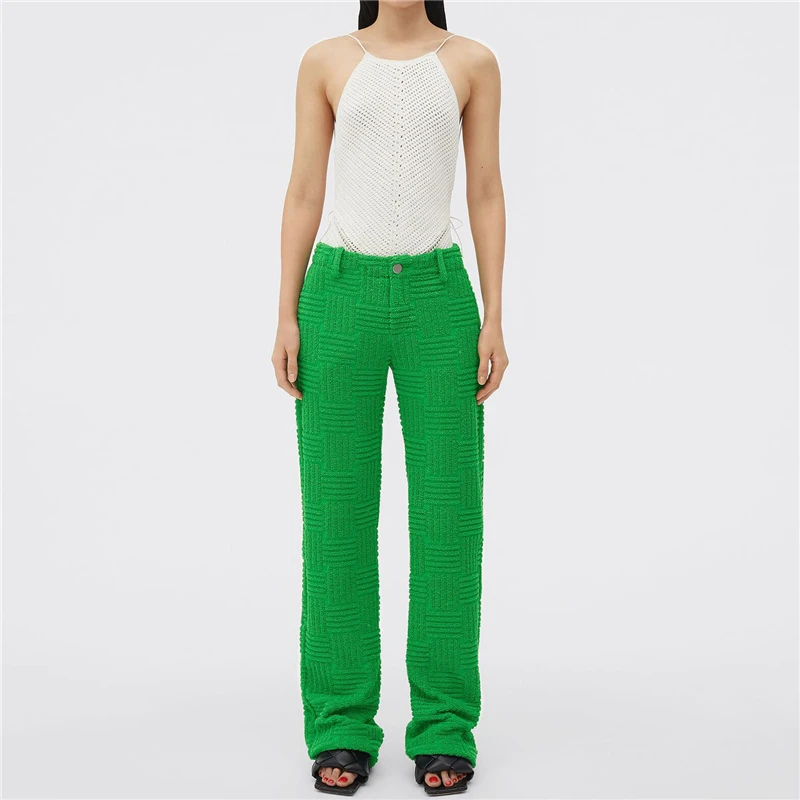

Fall new women's straight tube high waist casual pants big brand flocking jacquard terry cloth Y2K green fashion versatile pants