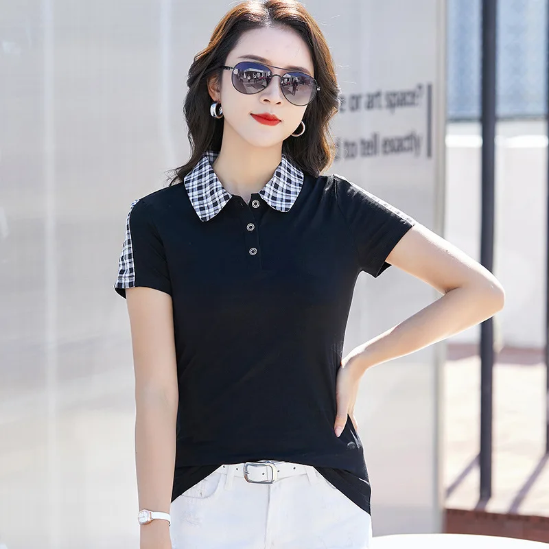 #0293 черная оранжевая фиолетовая футболка с коротким рукавом Женская клетчатая