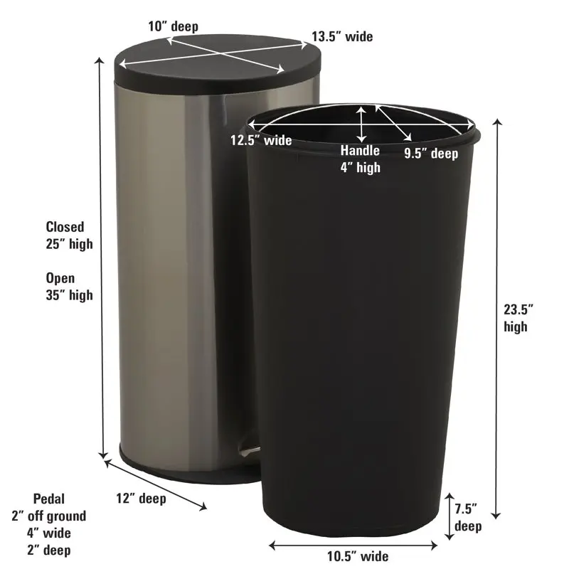 

Chic 30L Oval Brushed Stainless Steel Step-on Kitchen Trash Can for Garbage Collection and Recycling Disposal.