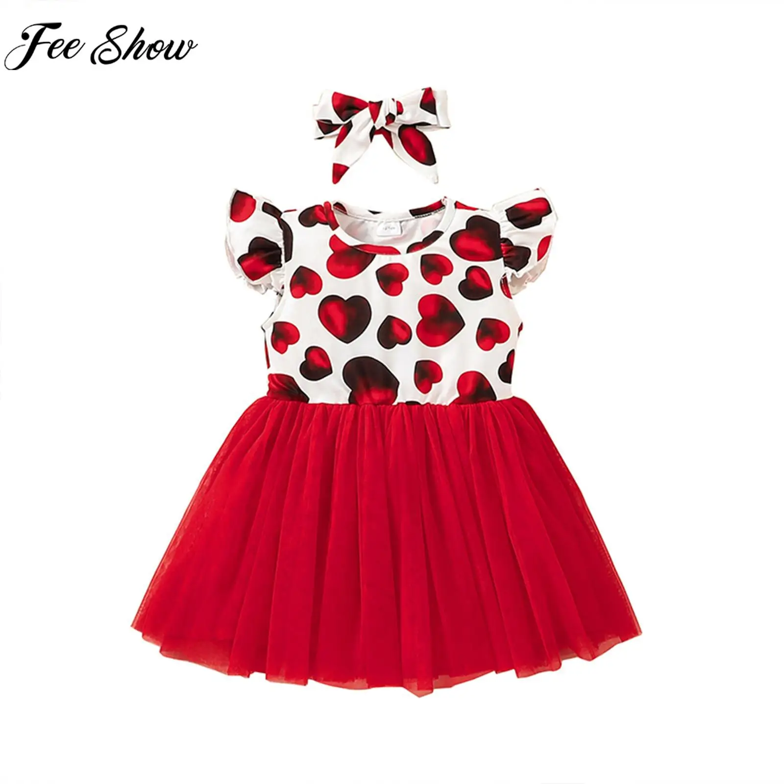 

Женское платье на день рождения и День Святого Валентина, Тюлевое Платье с принтом в виде сердца, милая повязка на голову с бантом для фотосъ...