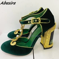 new green pumps metal decor ankle buckle cover heel round toe women chunky high heel pumps summer shoes for women sexy sandals