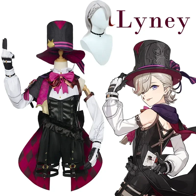 

Костюм для косплея Lyney из аниме Genshin Impact, Фонтейн, парик, шляпа в комплекте, искусственное платье, короткая юбка, перчатки, наряд