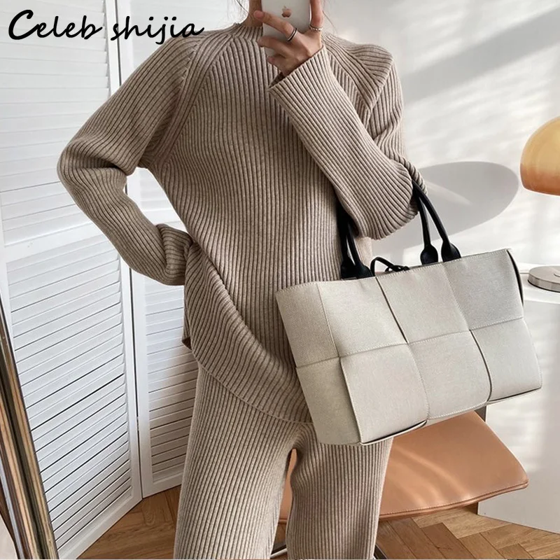 

SHIJIA Autumn Matching Sets Woman Oversized Sweater + Elastic Waist Pants Khaki Chic Korean Fashion Knitted 2 Piece Sets Winter
