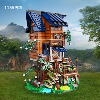 creative street view four seasons tree house moc building block figures streetscape brick toy with light collection for gift