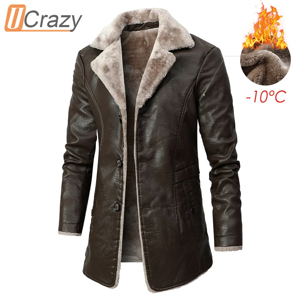 

Ucrazy Men Winter New Casual Lon Tick Fleece Leater Jacket Parkas Men Outfit Warm Vintae Pocket Faux Leater Jacket Coat Men