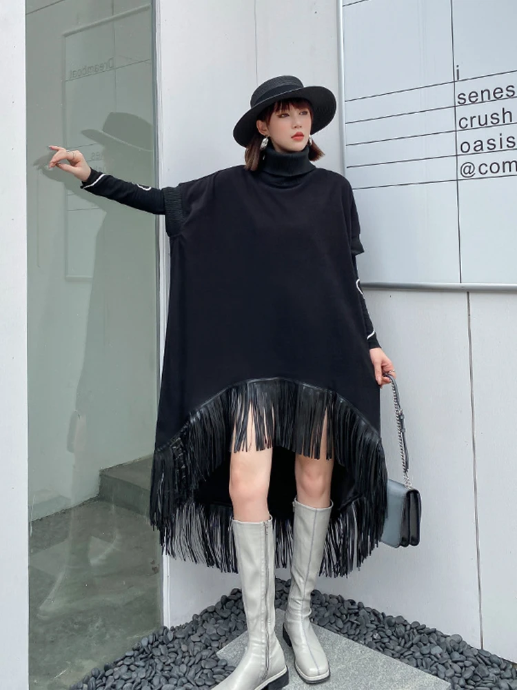 

XITAO Solid Tassel Dress Women Korea 2022 Autumn New Arrival Personality Fashion Loose Turtleneck Full Sleeve Dress WLD8902