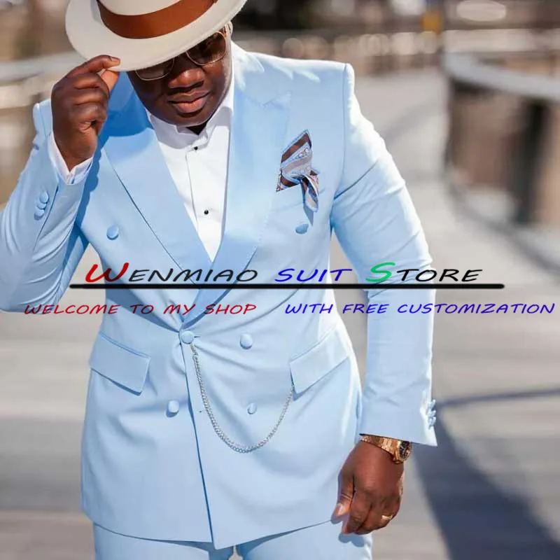 Sky Blue 2 Piece Men's Formal Suit Jacket Pants Fashion Double Breasted Blazer Set Male Wedding Groom Tuxedo
