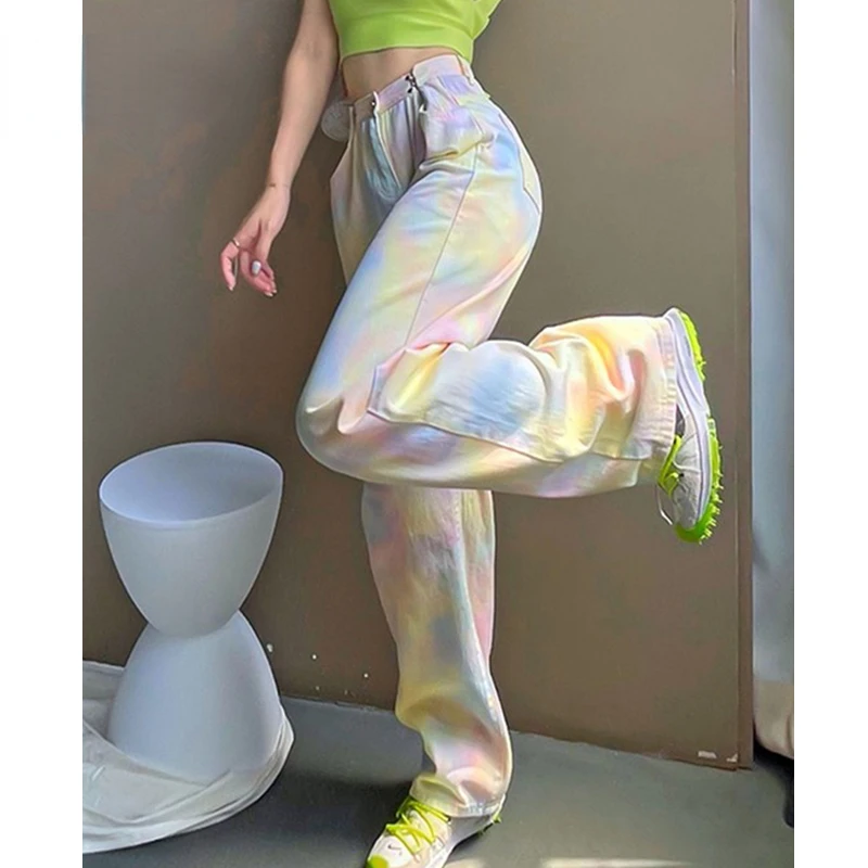 

2022New Summer High Waist Jeans Tie Dye Cotton Denim Pants Women Y2k Vintage Jeans Casual Loose Wide Leg Jeans Trousers Female