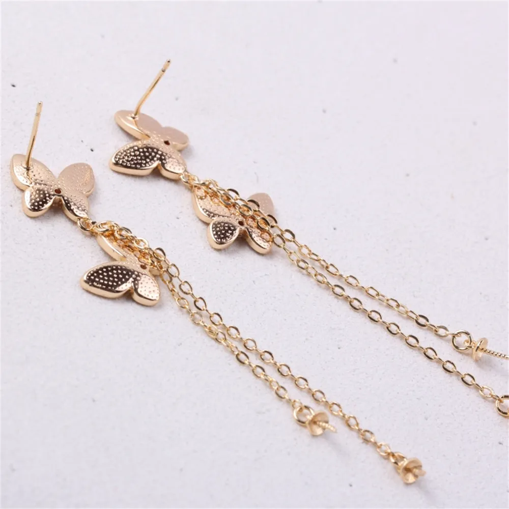 Copper-plated 18K Gold Butterfly Shell Tassel Long Pearl Empty Earrings DIY Temperament S925 Silver Needle Accessories Female