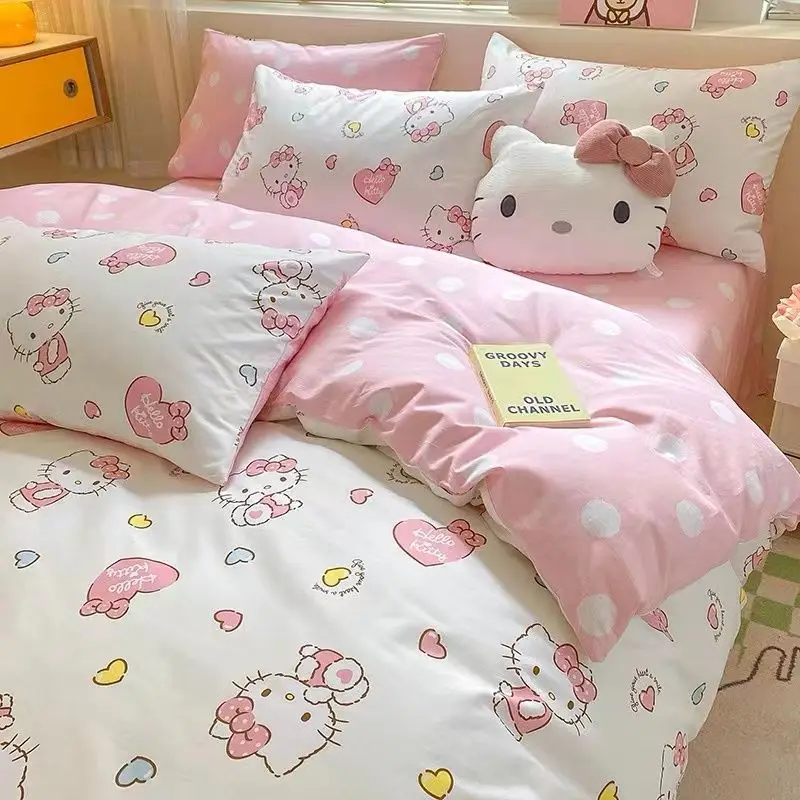 

Kawaii Hello Kitty Sanrio моющийся хлопковый комплект постельного белья из четырех предметов студенческое общежитие стеганое одеяло комплект из трех предметов на все сезоны