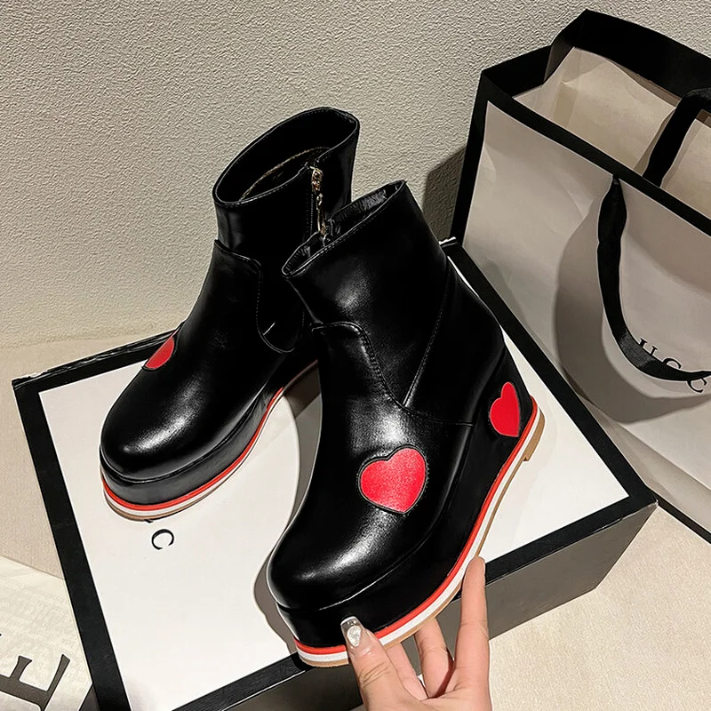 Women Ankle Boots Round Toe Heart Platform Wedges Increased Heel Zipper Sweet Mixed Fashion sheos Casual Yellow Pink NEW 2022