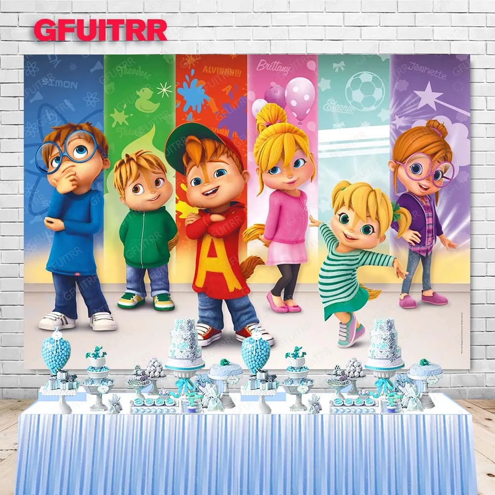 

GFUITRR Alvin and Chipmunks Simon Theodore Photography Backdrop Sport Party Photo Background Stage Vinyl Photo Booth Props