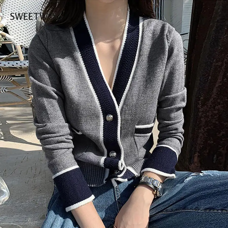 Женский трикотажный Укороченный кардиган, черный, белый свитер с v-образным вырезом, осень 2020