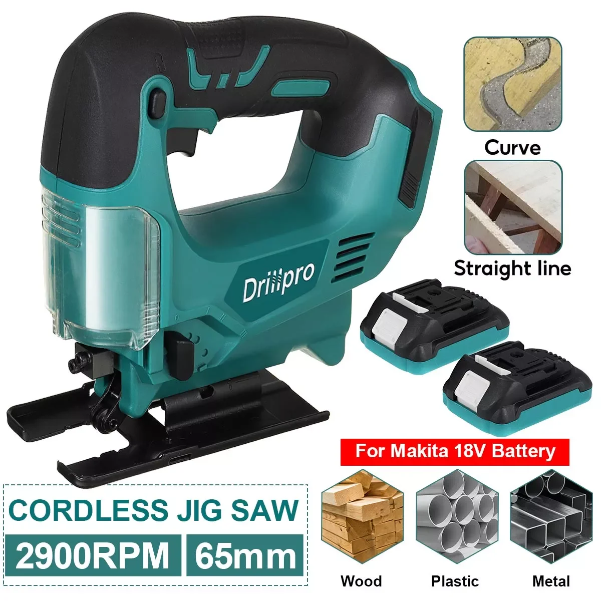 

NEW Drillpro 21V 65mm 2900RPM Cordless Jigsaw Electric Jig Saw Rechargeable Adjustable Woodworking Power Tool for Makita 18V Bat