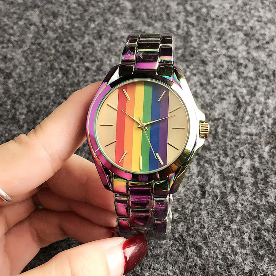 Brand Wrist Watches Women Girl Ladies Rainbow Style Quartz Casual Steel Metal Band Clock m99