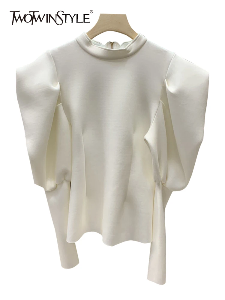 

TWOTWINSTYLE Straight Solid Shirt For Women Round Neck Puff Sleeve Minimalist Blouses Female Korean Fashion Clothing Style New