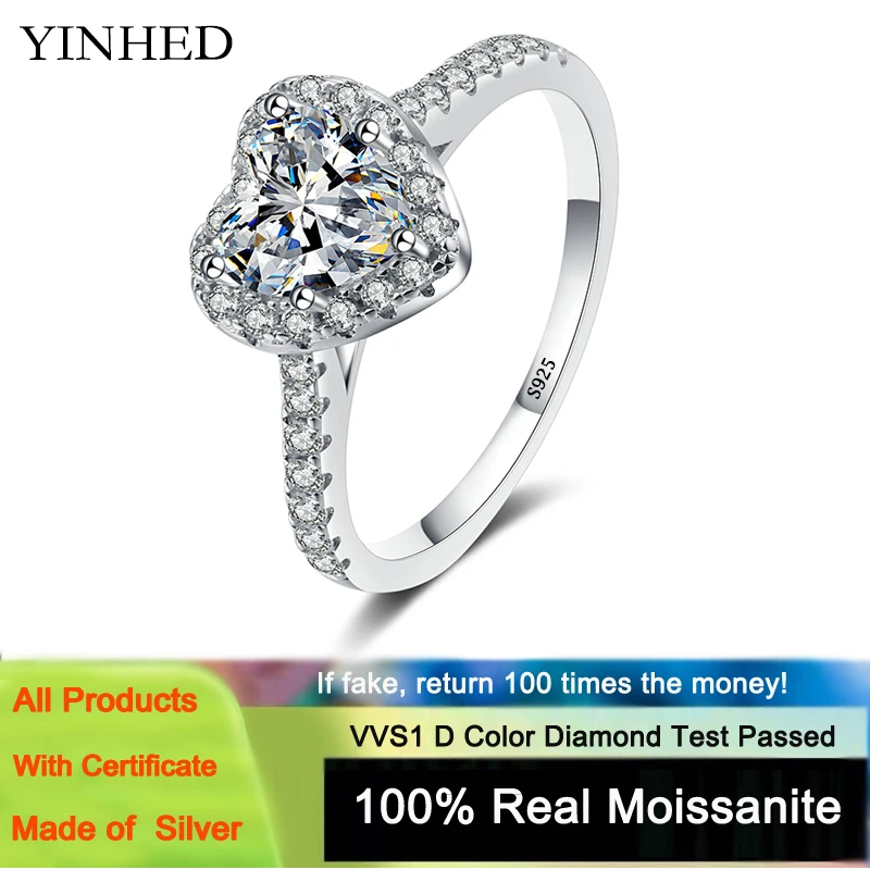 

YINHED роскошное классическое обручальное кольцо с бриллиантом 1 карат в форме сердца, реальное серебро 925 пробы VVS1, цветной Муассанит, Изящные Ювелирные изделия с карточкой GRA