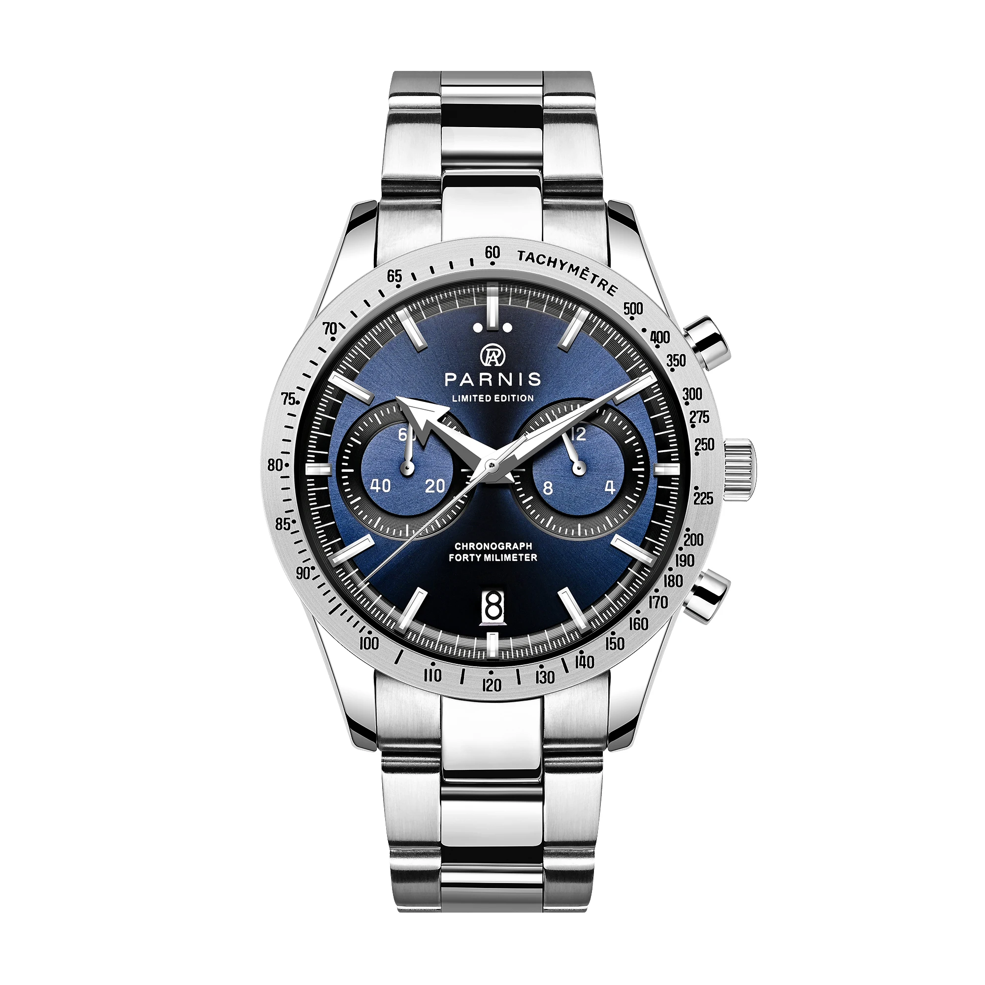 

New Fashion Parnis 40mm Blue Dial Quartz Chronograph Men Watch Stainless Steel Strap Calendar Waterproof Luxury Watches For Men