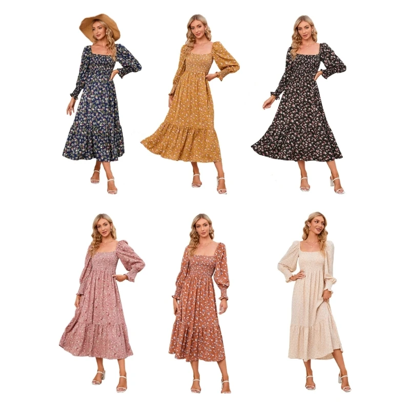 

Womens Spring Square Neck Puff Long Sleeve Midi Dress Ruffled Hem Smocked Chiffon Floral A-Line Pleated Swing Dresses