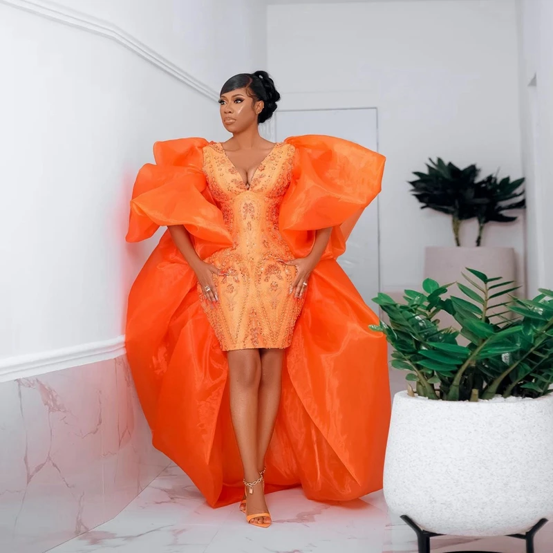 

Luxury Beading Crystals Short Evening Dress With Puffy Sleeves Aso Ebi V Neck Celebrity Party Gowns Orange Organza Prom Dresses
