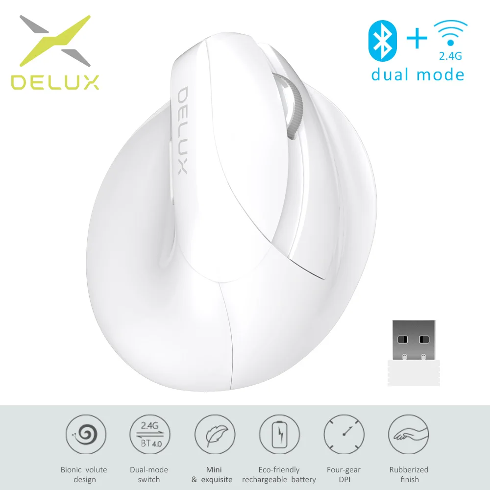 aliexpress.com - Delux M618 Mini Wireless White Mouse BT 4.0+2.4GHz Dual mode Ergonomic Rechargeable Silent click Vertical Mice For PC