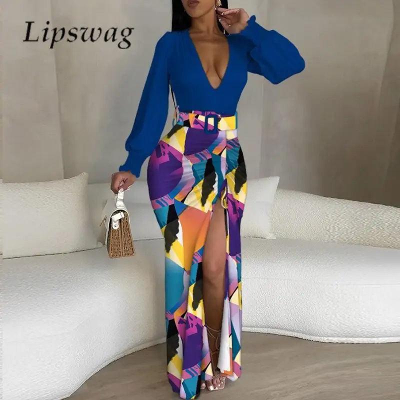 

Платье женское длинное офисное с принтом, пикантное элегантное приталенное модное платье с V-образным вырезом и длинным рукавом, со шнуровкой и разрезом, со шнуровкой