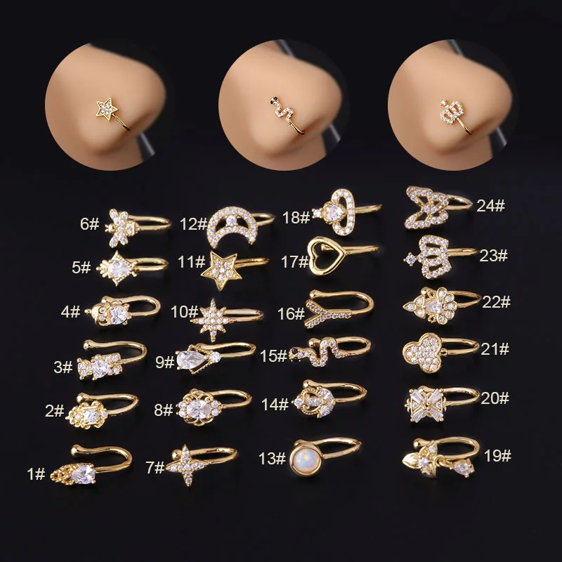 New 1Pc Fake Piercing Clip Nose Ring Cuff Body Jewelry for Women Trend Ear Cuffs Heart Star Flowers Butterfly Clip Rings