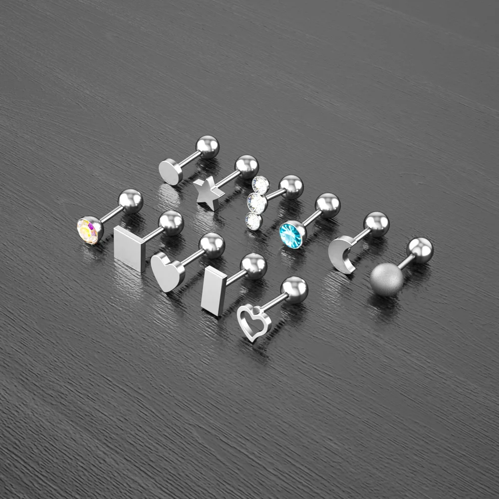2pcs Women Men Heart Triangle Square Star Moon Zircon Stainless steel Piercing Ear Studs Earrings Helix Tragus Cartilage |