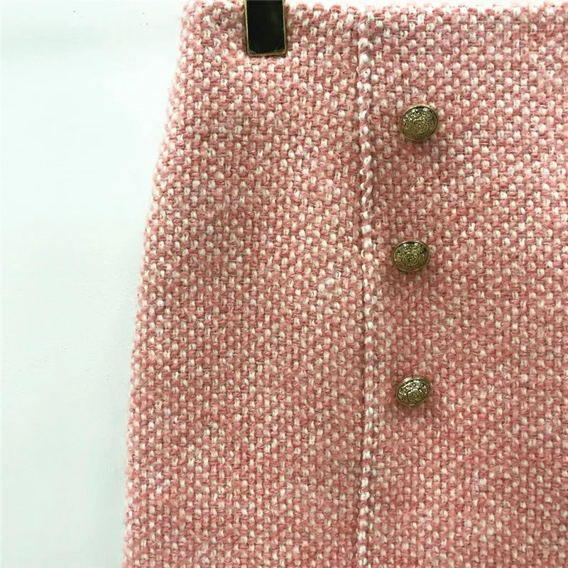 Women Tweed Double Breasted Buttons High Waist All-match Autumn Winter Skirt