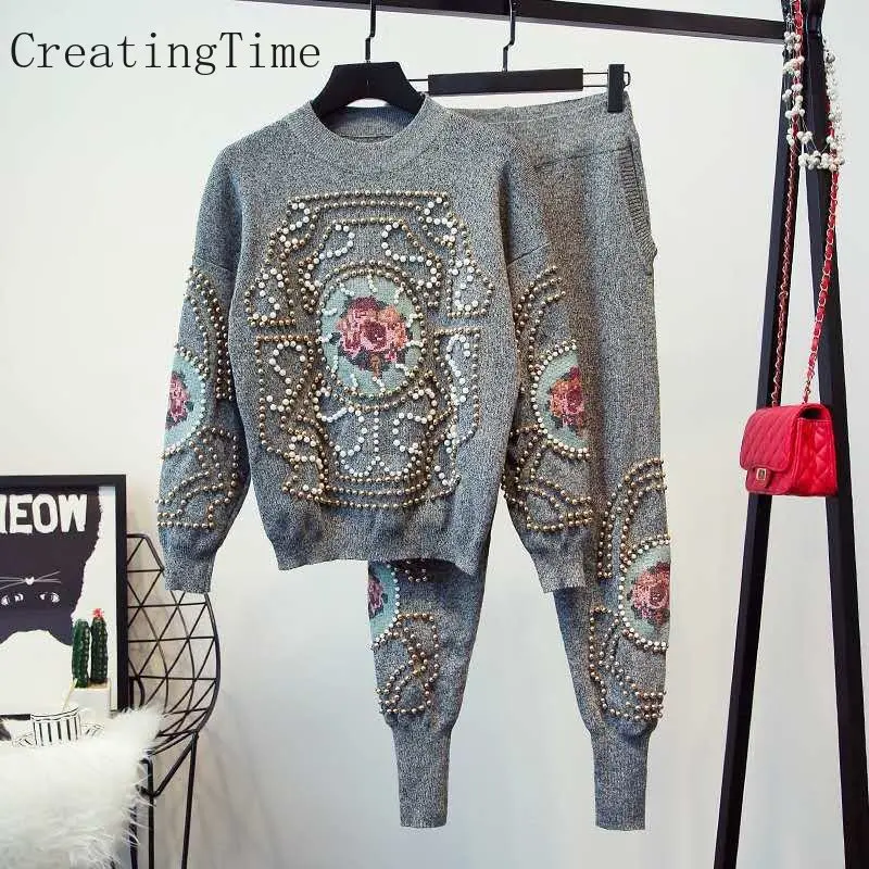 Spring Winter New 2023 Women's Suits Embroidered Hand Beaded Knitted Sweater + Harem Pants Fashion Two-piece Suit Female LH892