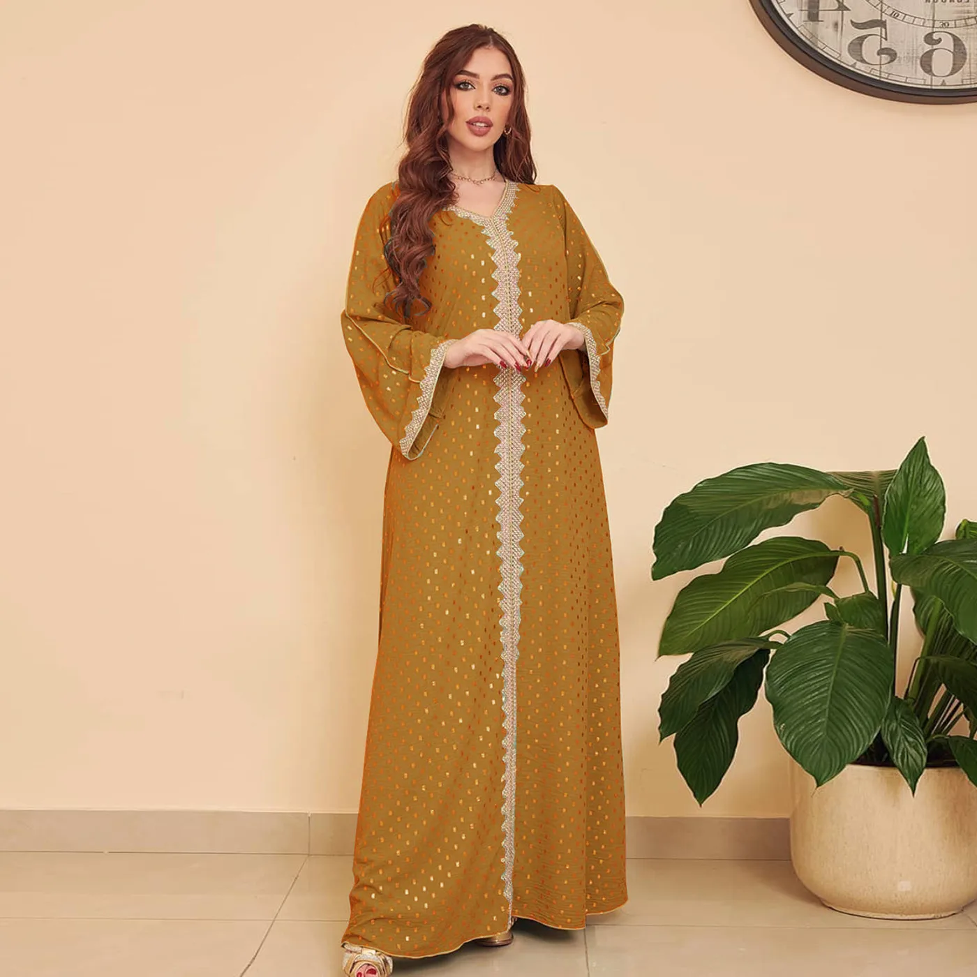 Abaya Women 2023 Summer New Bronzing Muslim Dubai Robe Elegant V Neck Maxi Long Dress Prom Arab Islamic Moroccan Kaftan Eid