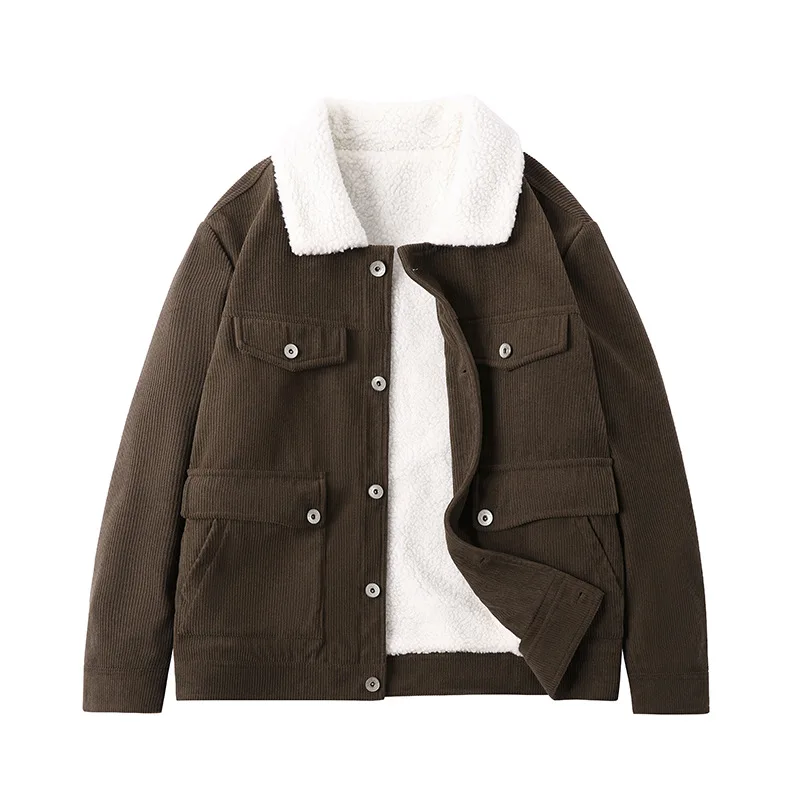 

Вельветовая зимняя мужская теплая куртка из искусственной овечьей шерсти с несколькими карманами, рабочая одежда, зимнее кашемировое утепленное повседневное Свободное пальто