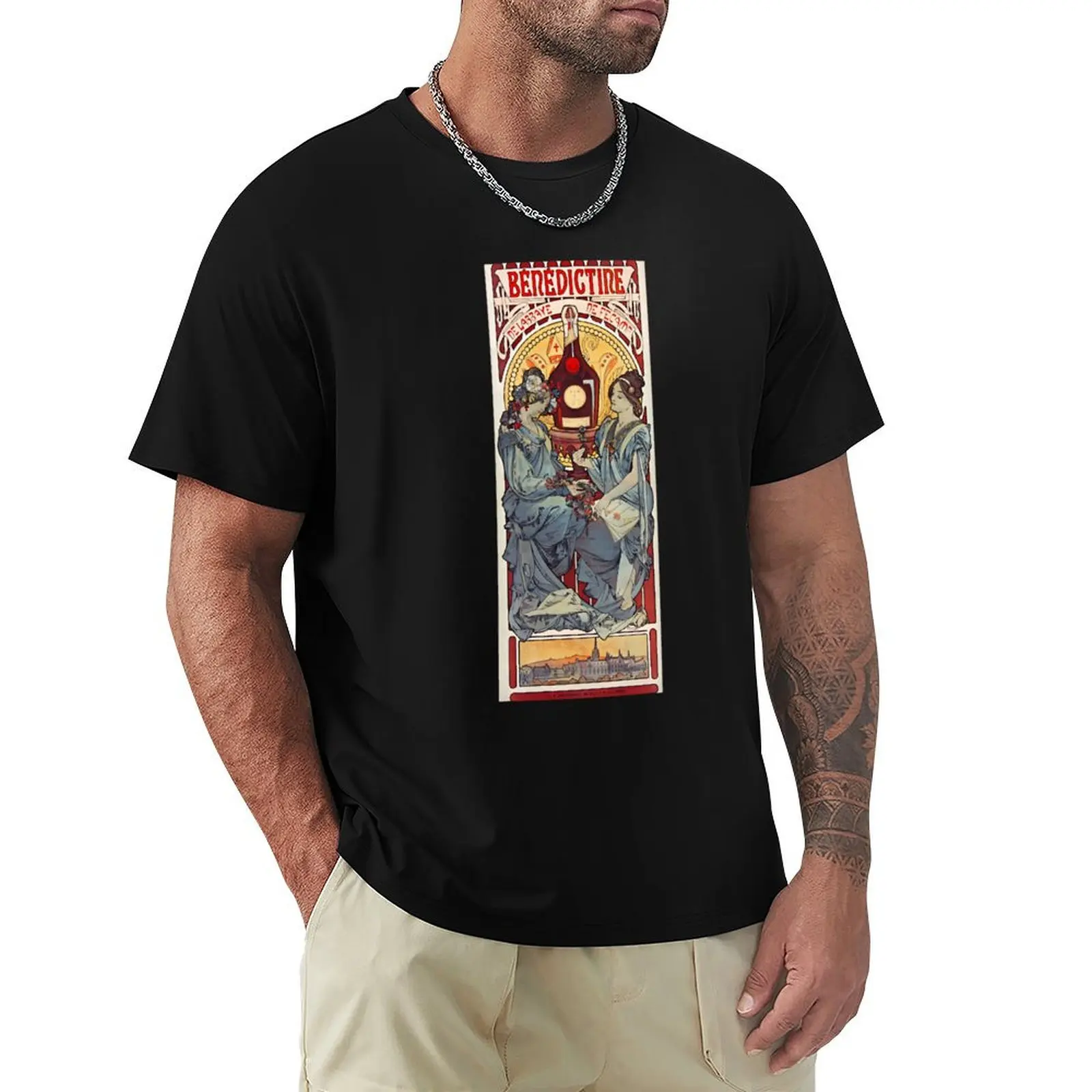Фото Футболка BENEDICTINE LIQUEUR Alphonse Mucha, мягкая, повседневная, с коротким рукавом, из хлопка. №1