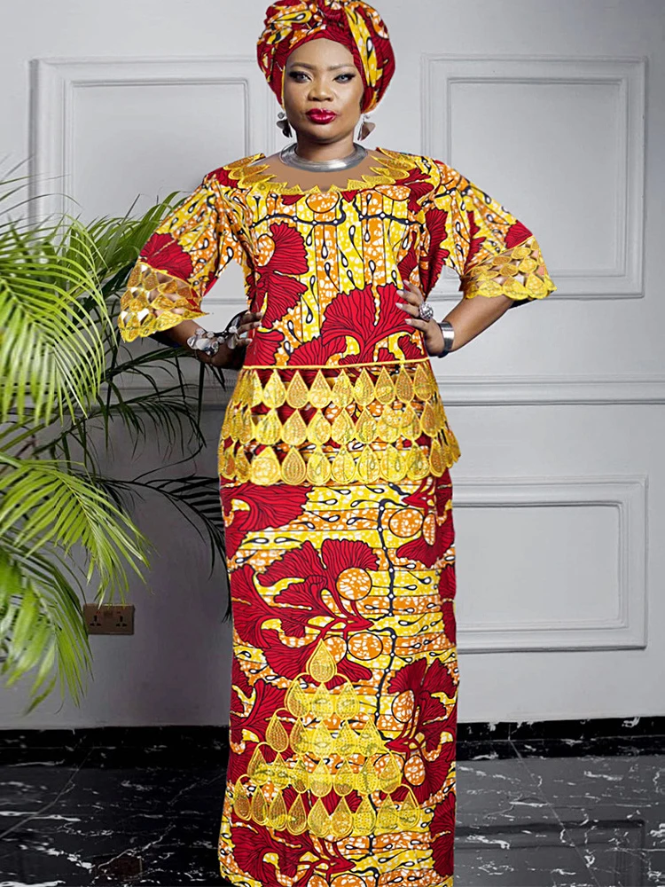 

African Dashiki Print Wax Clothing Wedding Party Women Dress Gown Traditional Tops Skirt Two Piece Set Outfits Nigerian Turban