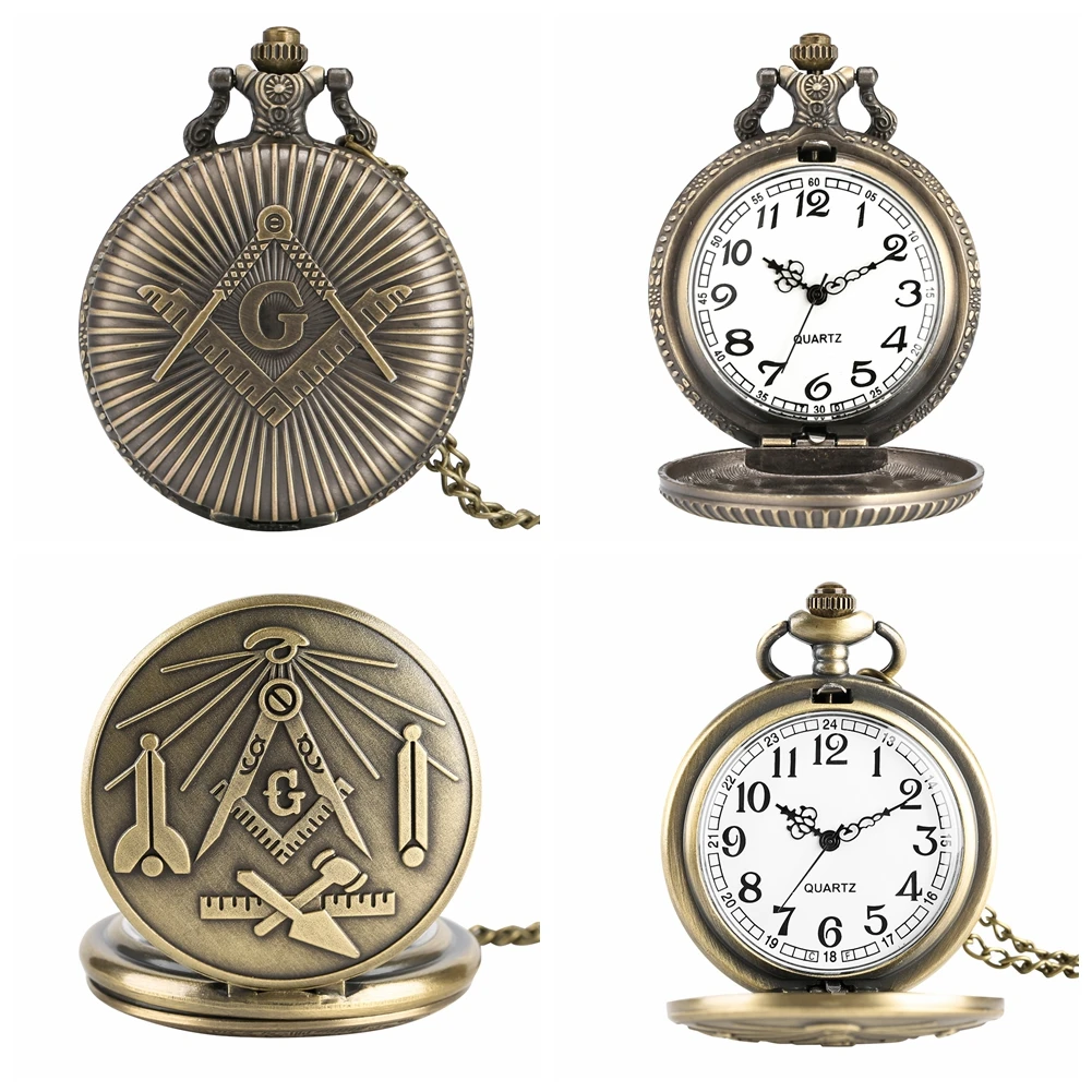 2022 Freemasonry Chrome Square and Compass Quartz Pocket Watches Masonic Themed Waist Chain Pendant Watch Gifts Sets Box for Men