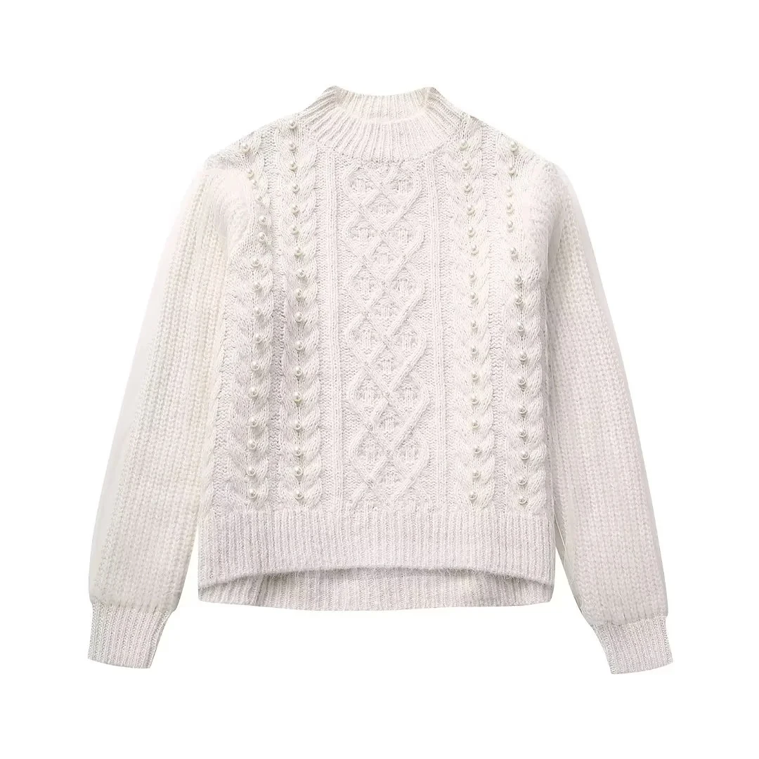 

TRAF Women Tulle Pearls Knitted Sweater Casual Beige Round Neck Knit Pullover 2023 Woman's Vintage Long Sleeves Warm Sweaters