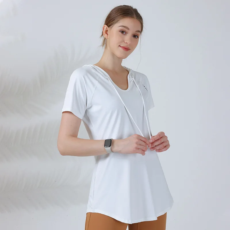 Summer Women Sport Hoodies Loose Yoga Shirts Short Sleeve Running T-Shirt Oversized Gym Fitness Hooded Tops Quick Dry Tee Blouse