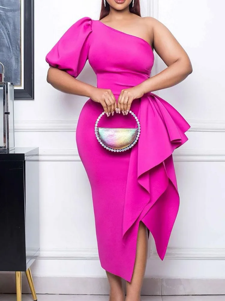 

Party Dresses Women Evening 2023 New Diagonal Collar Slim Split Ruffle Sexy Off Shoulder Red Dress Robe Elegante Midi Vestido