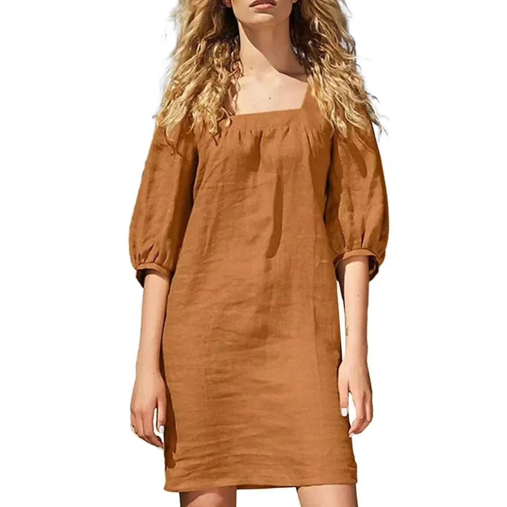 

Женское однотонное мини-платье с квадратным вырезом, свободное тонкое пляжное платье с полурукавами-фонариками, уличная одежда на лето