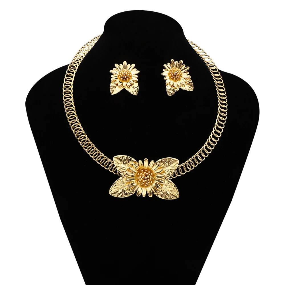 

African Jewelry Set Birthday Gift Flower Leaf Shape Gold Color Cute Daily Necklace Earrings Italian Women's Wedding Accessories