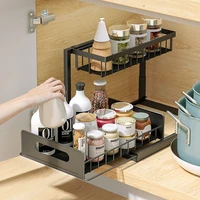 Kitchen Cabinet Rack 2-Tier Under Sink Desktop Organizer Pull Out Spice Sauces Rack Kitchen Bathroom Countertop Rack Supplies