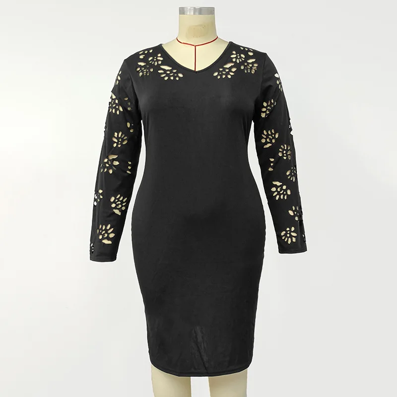 Plus Size Dress for Women 4xl Long Sleeve Dresses Sexy Lace Cutout Solid V-Neck Hollow Out Slim Fit Knee-Length Evening Dresses