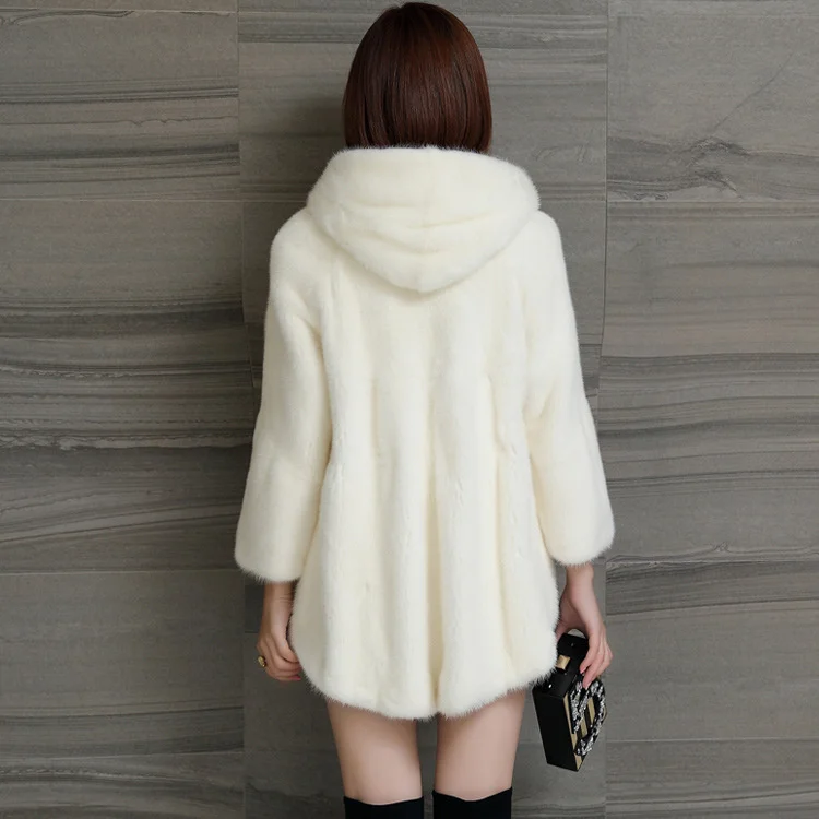 ICCLEK Winter mink coat female whole mink hooded medium long Haining imitation mink fur plush coat