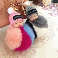 new pompom sleeping baby keychain cute fluffy plush doll keychains women girl bag keyrings cars key ring jewelry gift porte cl