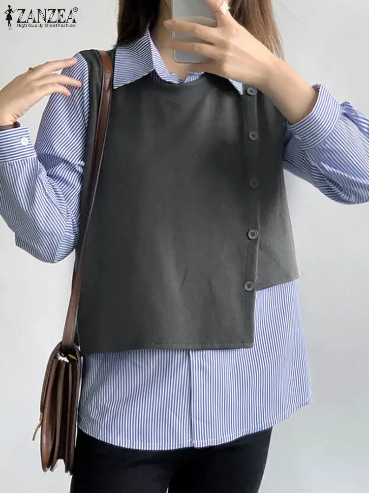 

Винтажная рубашка ZANZEA с отложным воротником и длинным рукавом, модная блузка из двух частей, осенние женские топы в стиле пэчворк, рабочая блузка, рубашка, 2023