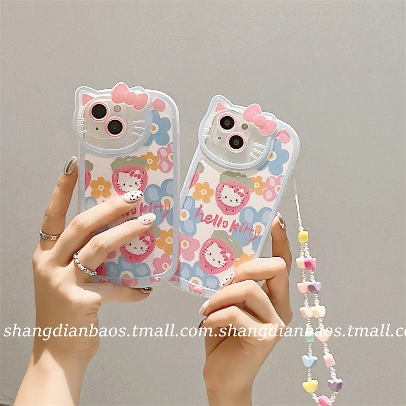 

Чехол для телефона в стиле аниме Hellokitty с цепочкой и цветком для Iphone 13pro Max 12, Мультяшные милые котята, держатель с защитой от падения