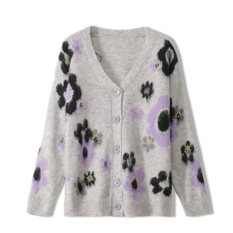 

2023 Autumn Luxury Comfortable Design Preppy Style Floral Pattern Knitted Mohair Wool Beading Slim Cardigan Lovely Women Sweater